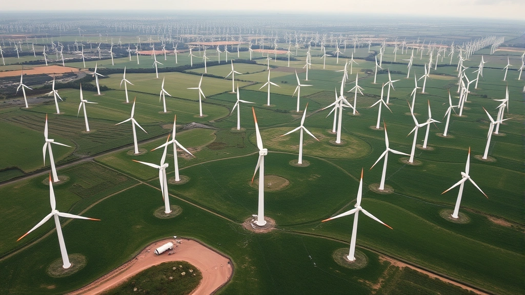 Aerial view of expansive wind farm with hundreds of turbines across green landscape, demonstrating renewable energy infrastructure and sustainable power generation