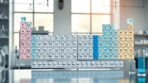 Photorealistic periodic table of elements displayed in a modern chemistry laboratory with soft natural lighting, focusing on the noble gas group highlighted in blue, scientific accuracy with clean design, no text labels visible