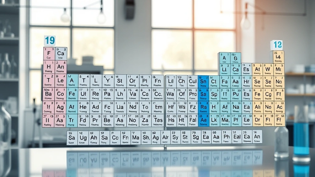 Photorealistic periodic table of elements displayed in a modern chemistry laboratory with soft natural lighting, focusing on the noble gas group highlighted in blue, scientific accuracy with clean design, no text labels visible