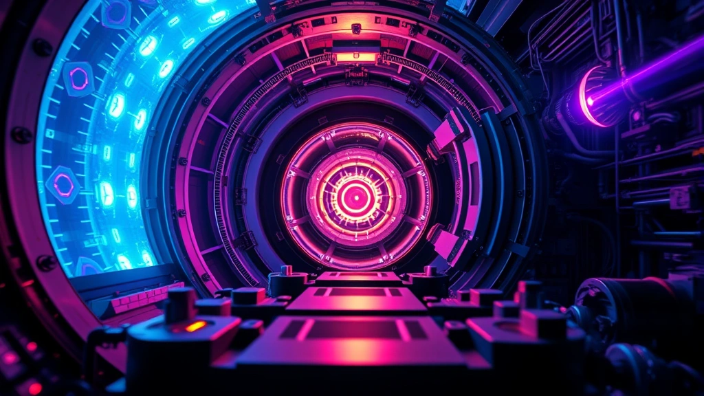 Close-up of a particle accelerator facility interior with glowing blue and purple energy streams, showing the advanced technology used to synthesize superheavy elements, dramatic scientific atmosphere with realistic lighting