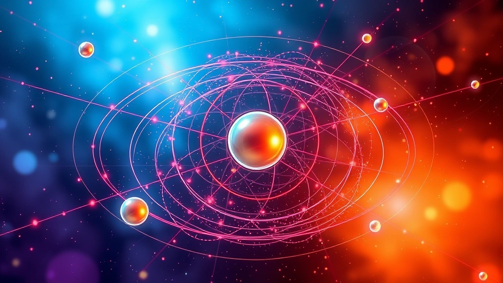 Abstract representation of electron orbitals around an atomic nucleus with relativistic effects visualized as distorted electron paths, digital illustration style with vibrant colors showing quantum mechanical concepts, no text elements
