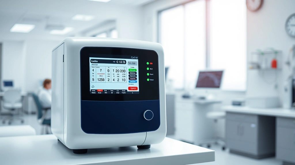 Modern laboratory analyzer machine with digital display showing blood gas results, compact design in a bright clinical workspace, emphasizing technological efficiency and precision diagnostics