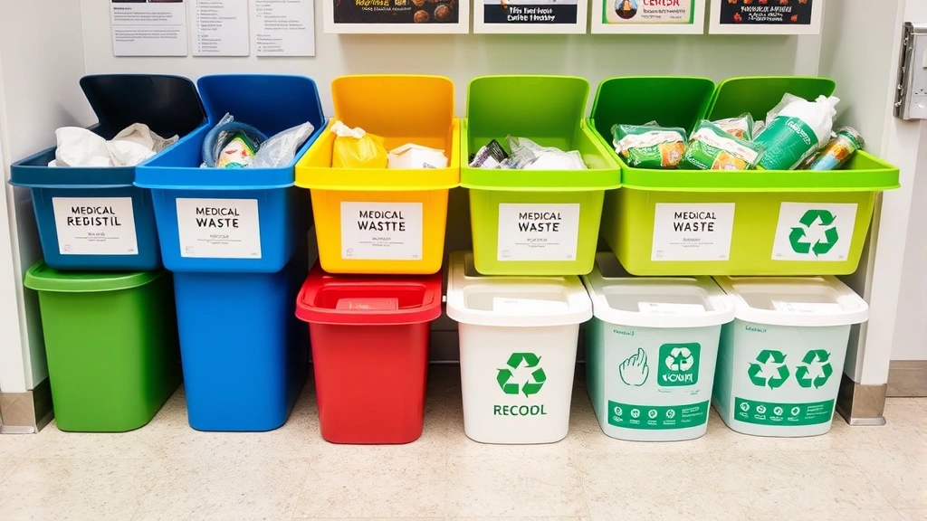 Organized medical waste segregation bins in a hospital sustainability center, color-coded containers with recyclable and compostable materials, showing professional waste management practices