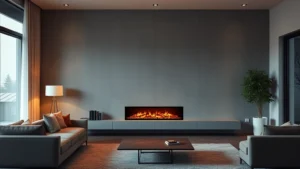 Modern living room with sleek electric fireplace insert glowing warmly, minimalist design, renewable energy concept, no text or labels visible, photorealistic lighting