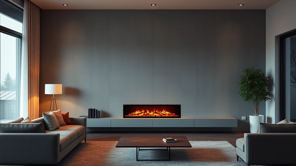 Modern living room with sleek electric fireplace insert glowing warmly, minimalist design, renewable energy concept, no text or labels visible, photorealistic lighting