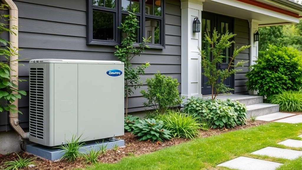 Heat pump outdoor unit installed beside modern home exterior, lush green surroundings, sustainable heating technology, clean professional installation, no signage or text