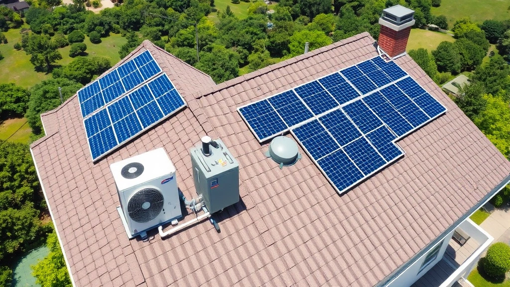 Aerial view of residential rooftop with solar panels and modern HVAC equipment, green landscape background, renewable energy infrastructure, bright daylight, no identifying markers