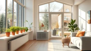 Modern eco-friendly home interior with large windows, natural daylight streaming in, minimalist sustainable heating system visible, potted green plants on windowsill, light wooden floors, contemporary furniture, warm ambient lighting, clean air quality representation through soft natural light diffusion
