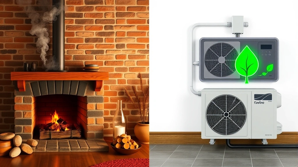 Comparison split-screen: left side shows traditional fireplace with visible smoke and chimney, right side shows modern heat pump system with green energy symbol, renewable energy transition concept, sustainable technology representation, no text or labels