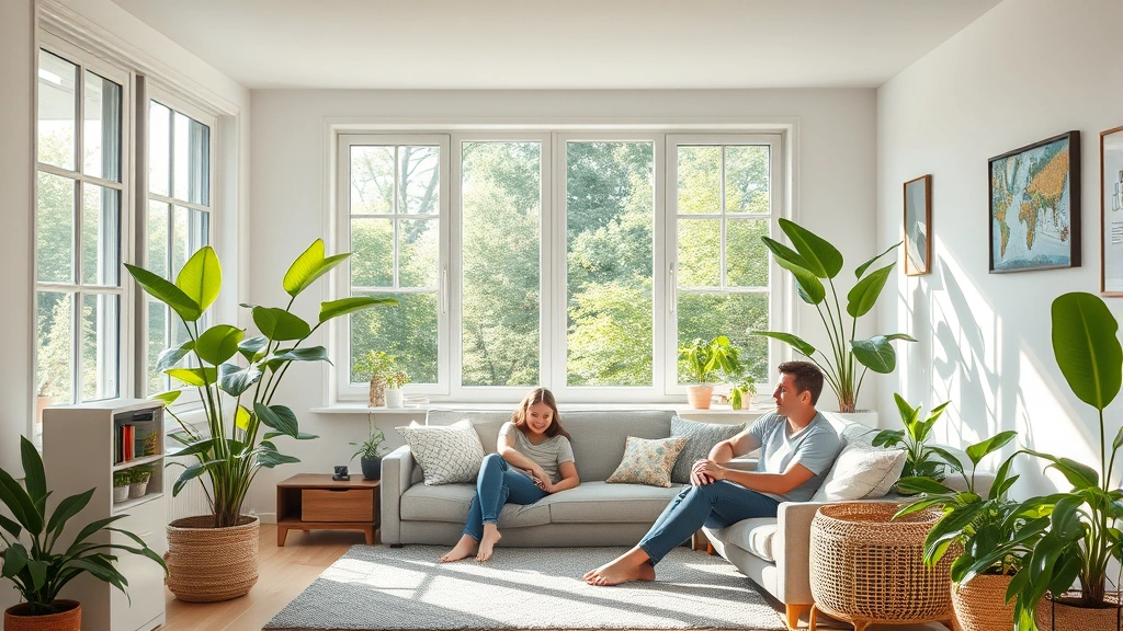 Healthy indoor living space with air purifier, open windows showing outdoor nature, family relaxing comfortably, houseplants indicating good air quality, natural ventilation flow visualization through soft light rays, sustainable home comfort demonstration, no commercial branding or text visible