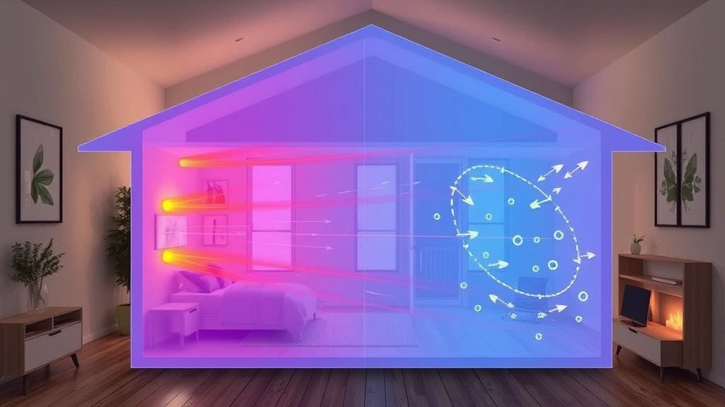 Cross-section diagram visualization showing air circulation patterns in a home interior, with subtle heat distribution arrows and moisture particles, no text or labels, photorealistic rendering of indoor environmental conditions