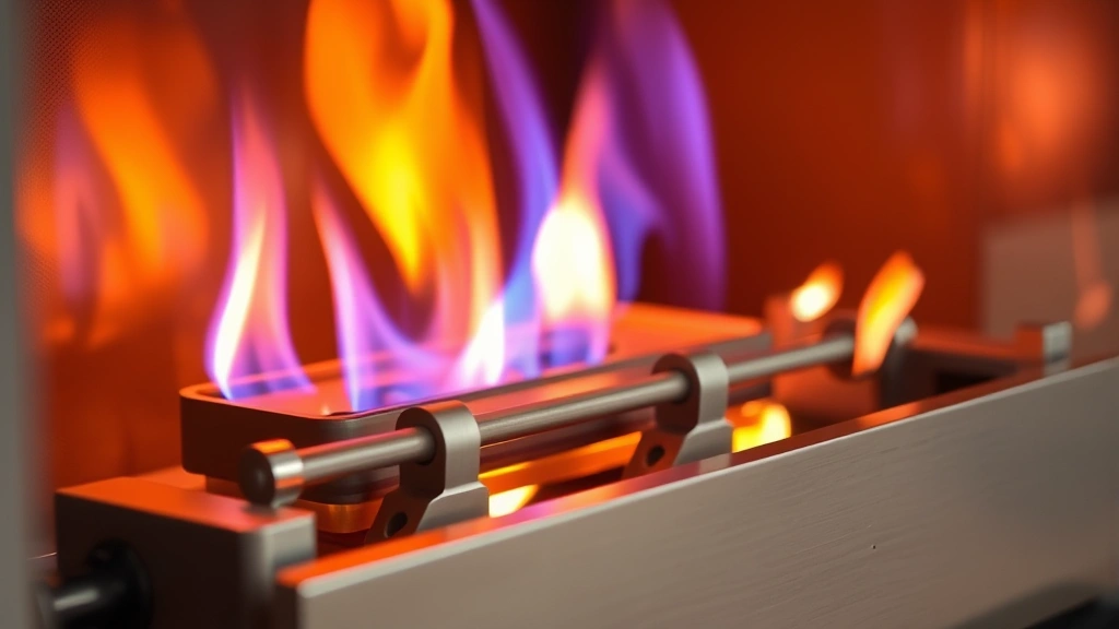 Close-up of ventless fireplace burner system showing blue flames burning cleanly, detailed combustion mechanics visible, stainless steel components, warm orange glow, professional installation quality