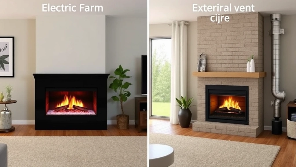 Comparison split-screen showing electric fireplace on left side with realistic flame effect and no emissions, traditional vented gas fireplace on right with external vent pipe, both installed in similar room settings