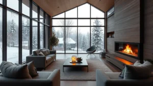 Modern living room with sleek fireplace insert glowing warmly, comfortable seating arrangement, large windows showing winter landscape, minimalist eco-conscious interior design, natural lighting, sustainable materials visible