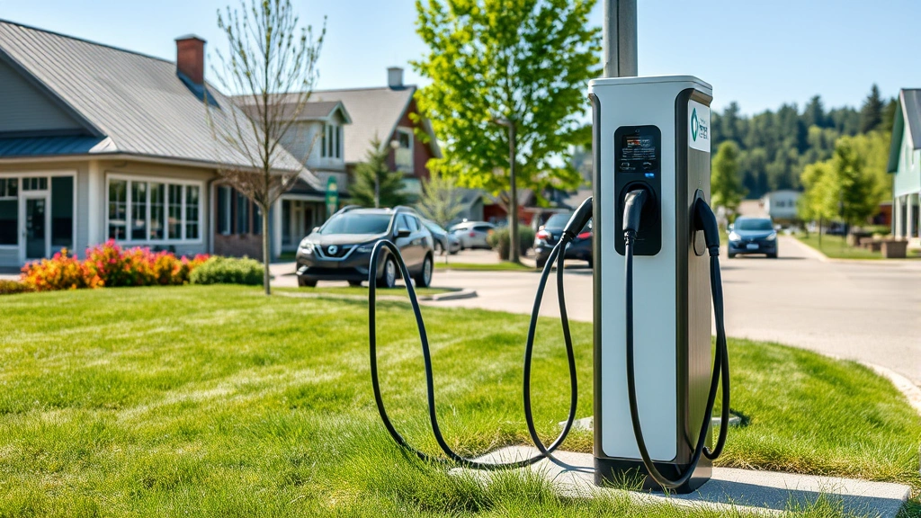 Modern electric vehicle charging station in a Vermont town, multiple EV chargers mounted on pole, sleek contemporary design, green grass surroundings, bright daylight illuminating sustainable transportation technology
