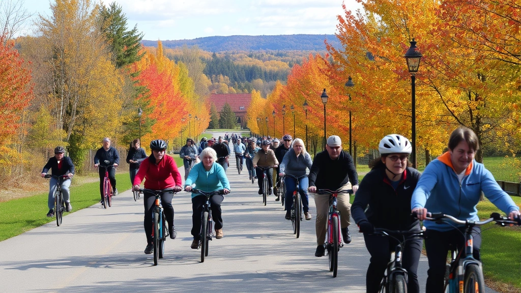 Busy Vermont bike path with cyclists and pedestrians during autumn, colorful foliage trees lining route, diverse people using active transportation, scenic natural backdrop demonstrating sustainable mobility alternatives