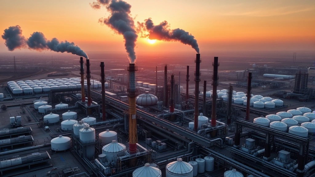 Aerial view of oil refinery at sunset showing industrial smokestacks emitting vapor, surrounded by processing equipment and storage tanks, demonstrating large-scale petroleum fuel production infrastructure