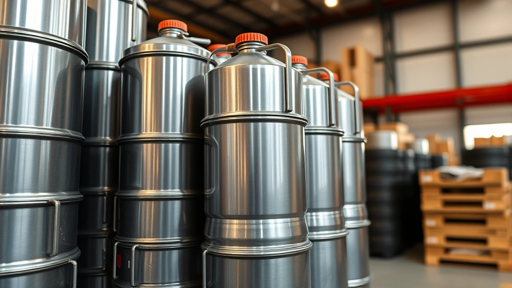 Close-up of metal racing fuel cans stacked in warehouse setting, showing industrial manufacturing and storage of specialized high-performance fuel containers for motorsports applications