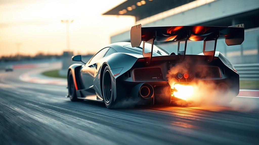 Professional motorsports vehicle accelerating on racetrack with visible exhaust emissions trailing behind, capturing high-performance engine operation and air pollution from racing fuel combustion