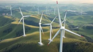 Aerial view of modern wind turbines in Washington State landscape with green hills and renewable energy infrastructure, photorealistic, no text or labels