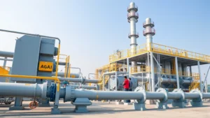 Modern natural gas distribution facility with pipeline infrastructure and safety equipment in Bangladesh, showing industrial energy infrastructure in daylight with clear sky