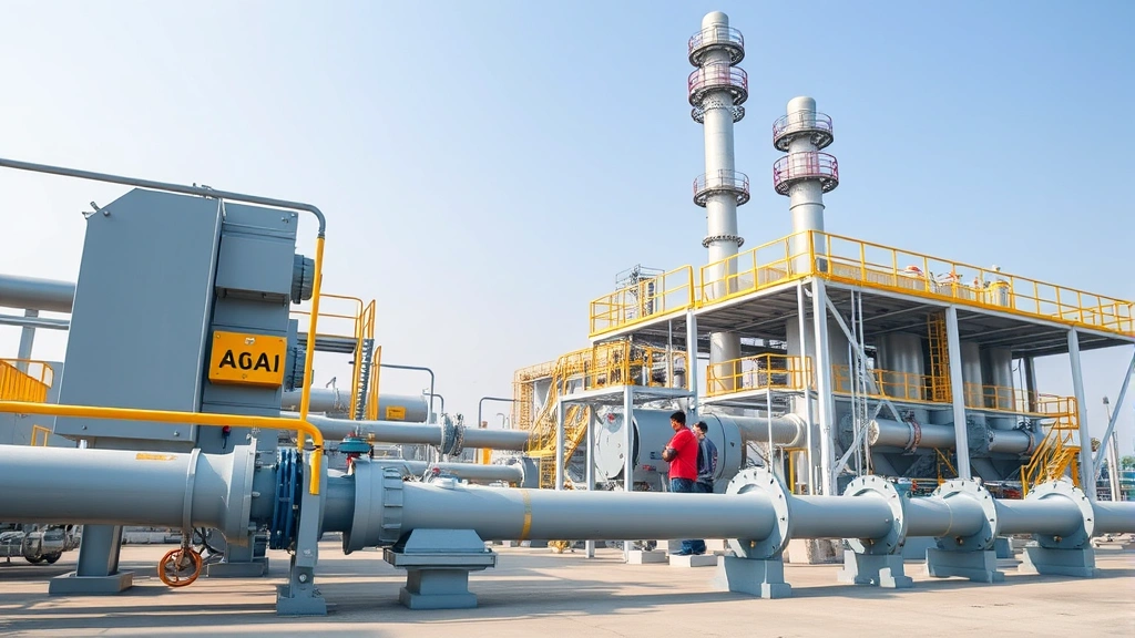 Modern natural gas distribution facility with pipeline infrastructure and safety equipment in Bangladesh, showing industrial energy infrastructure in daylight with clear sky
