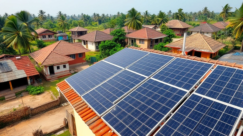 Solar panels on residential rooftop in rural Bangladesh village with traditional houses, demonstrating renewable energy alternative to gas distribution systems