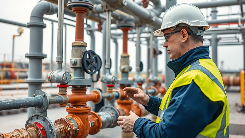 Technician inspecting gas distribution equipment and safety valves at energy facility, wearing protective gear, focused on infrastructure maintenance and operational safety