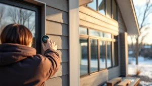 Modern residential home exterior with visible insulation upgrade, person adjusting smart thermostat on wall, natural daylight through windows, winter landscape background