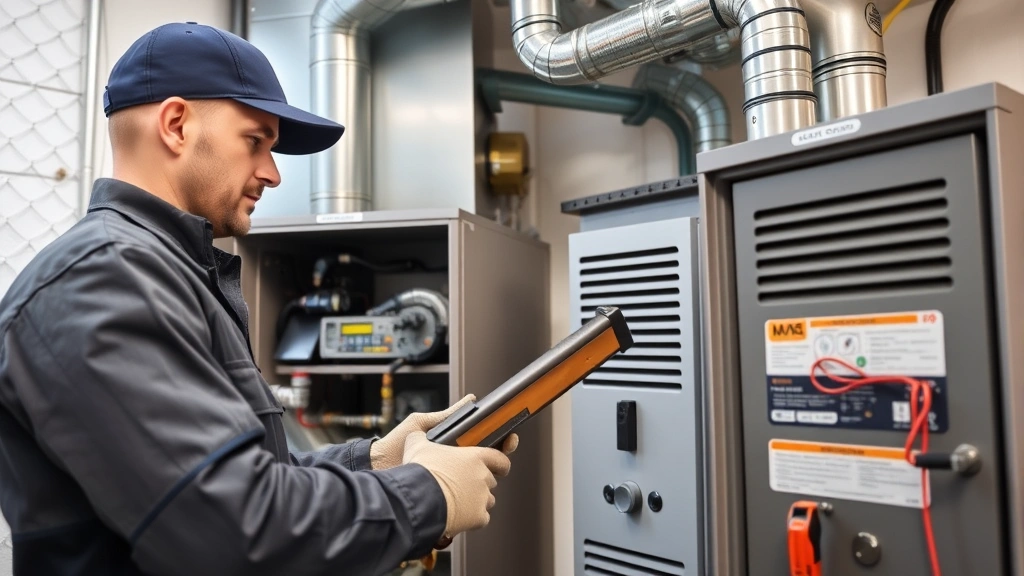 Professional HVAC technician performing furnace maintenance with specialized tools, checking equipment efficiency, well-lit utility room with modern heating system