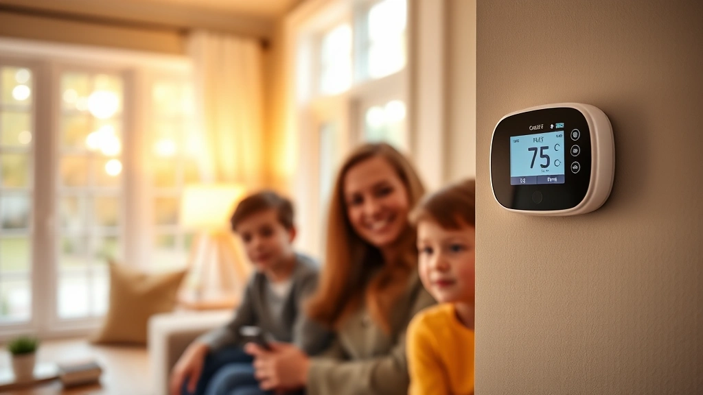 Family adjusting programmable thermostat display showing temperature settings, comfortable living room interior with energy-efficient windows, warm ambient lighting