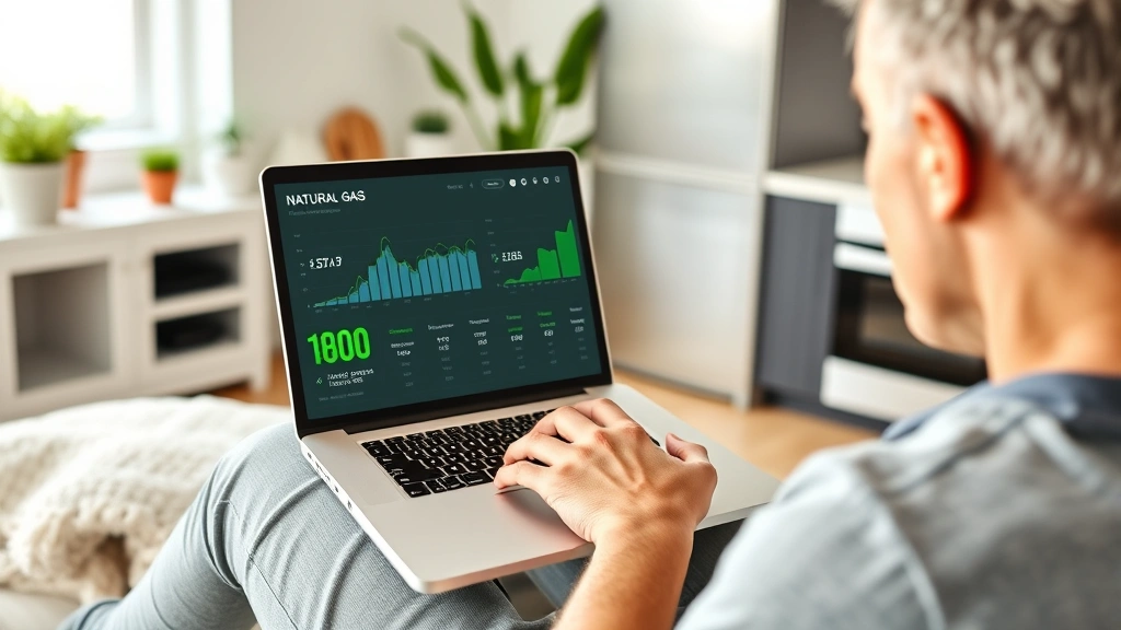 Eco-conscious homeowner reviewing natural gas usage on laptop dashboard with green energy efficiency charts and graphs displayed on screen, sustainable home setting with energy-efficient appliances visible