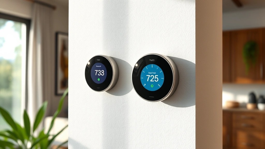 Smart thermostat on residential wall with digital display showing temperature control, modern eco-friendly home interior with natural lighting, energy monitoring concept