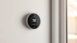 Modern smart thermostat display mounted on light gray wall, showing temperature settings and energy usage data, minimalist design, warm natural lighting from nearby window, no text visible