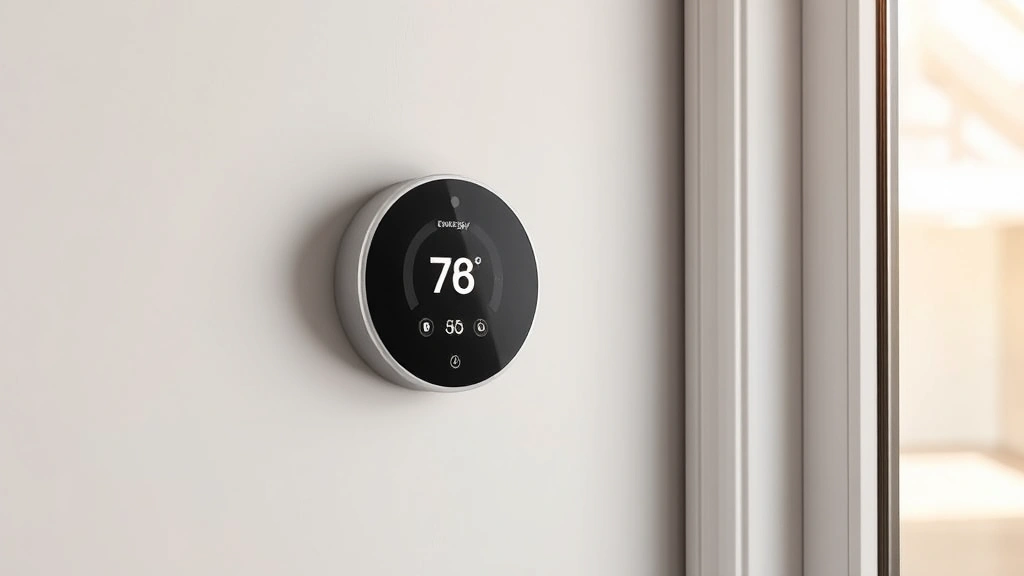 Modern smart thermostat display mounted on light gray wall, showing temperature settings and energy usage data, minimalist design, warm natural lighting from nearby window, no text visible