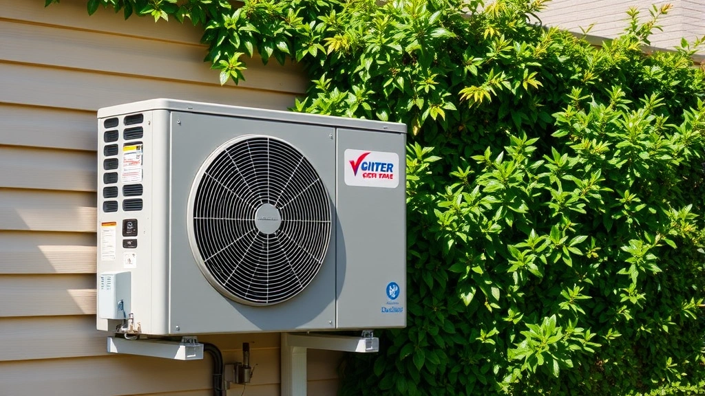 Professional heat pump installation on exterior home wall, metallic unit with green vegetation background, bright daylight, no labels or signage, clean installation appearance
