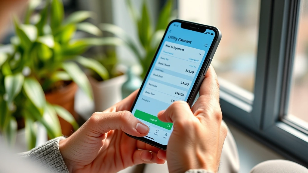 Person using smartphone to access utility app with bill payment screen visible, sitting near window with natural light, eco-friendly home interior background with plants, hands and device only, no identifying information