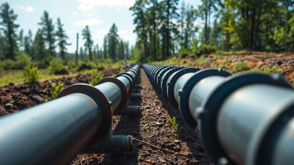 Close-up of natural gas pipeline infrastructure in natural landscape with trees and soil, industrial metal pipes on ground with green vegetation surrounding, photorealistic daylight photography, environmental impact focus