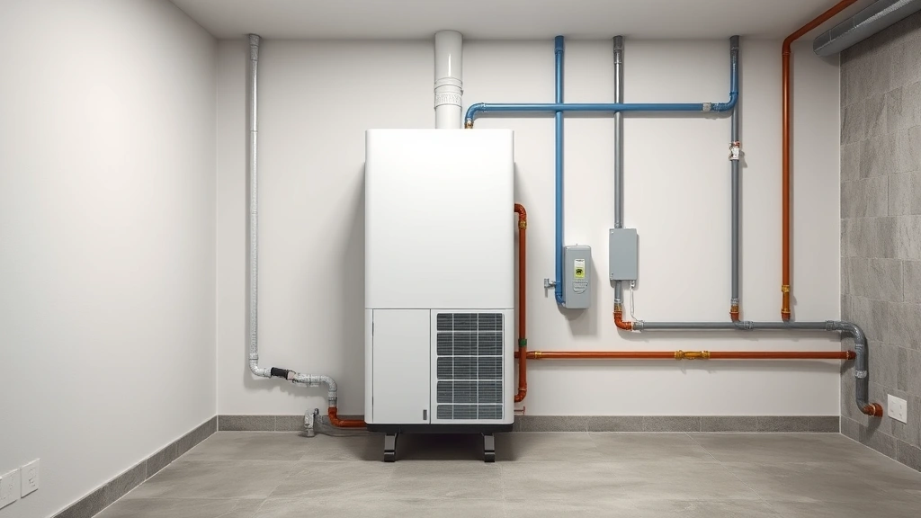 Modern heat pump water heater unit installed in bright basement utility room with concrete floor, clean installation with pipes and connections visible, minimalist industrial aesthetic, photorealistic detailed view