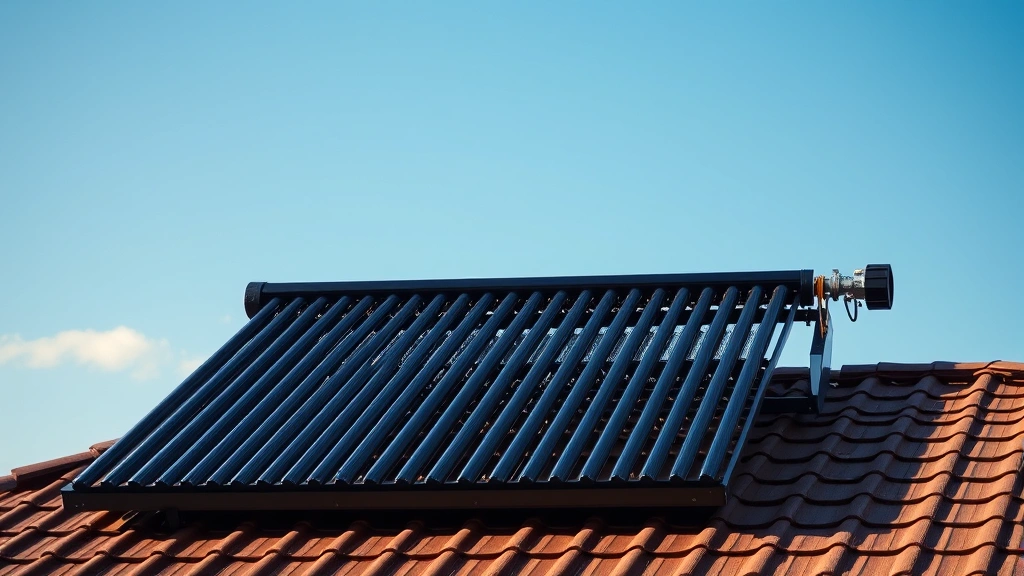 Solar thermal water heating panels mounted on residential roof with blue sky background, multiple black evacuated tube collectors angled toward sun, house roofline visible, photorealistic sunny day photography