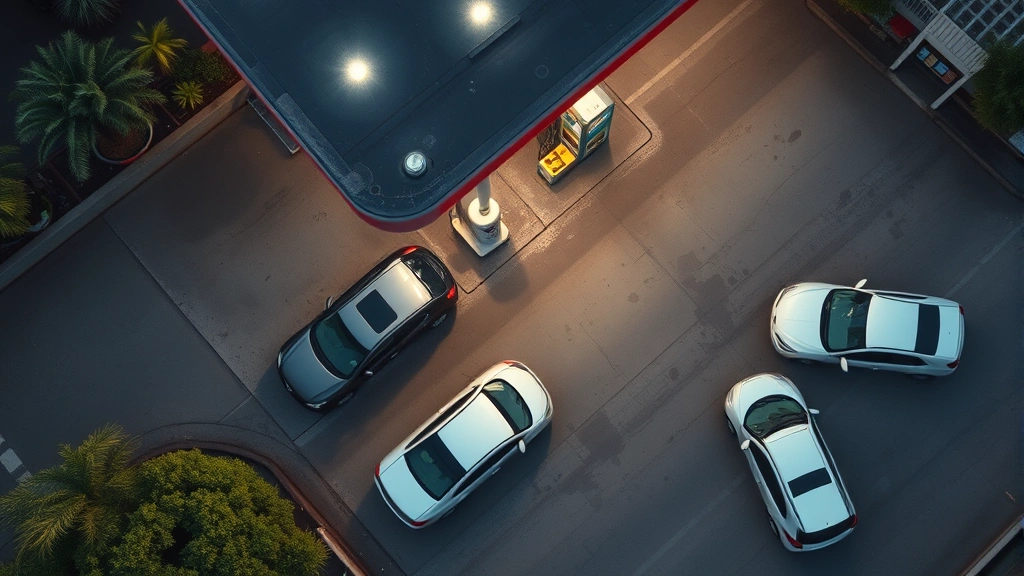 Aerial view of busy gas station with multiple cars refueling, showing fuel pumps and environmental impact of conventional fuel consumption