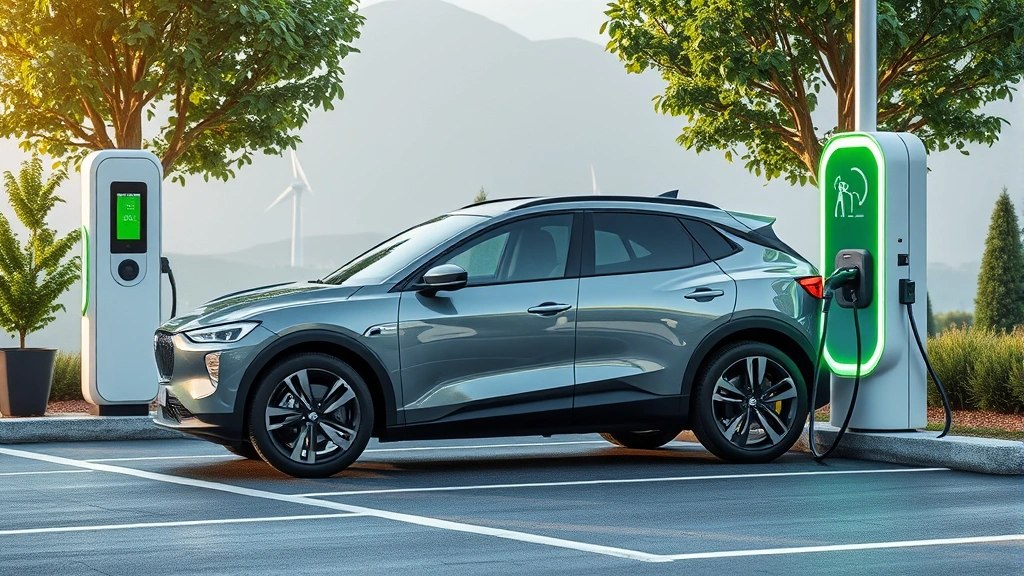 Modern electric vehicle charging station with green energy symbols, renewable power grid infrastructure, sustainable transportation technology