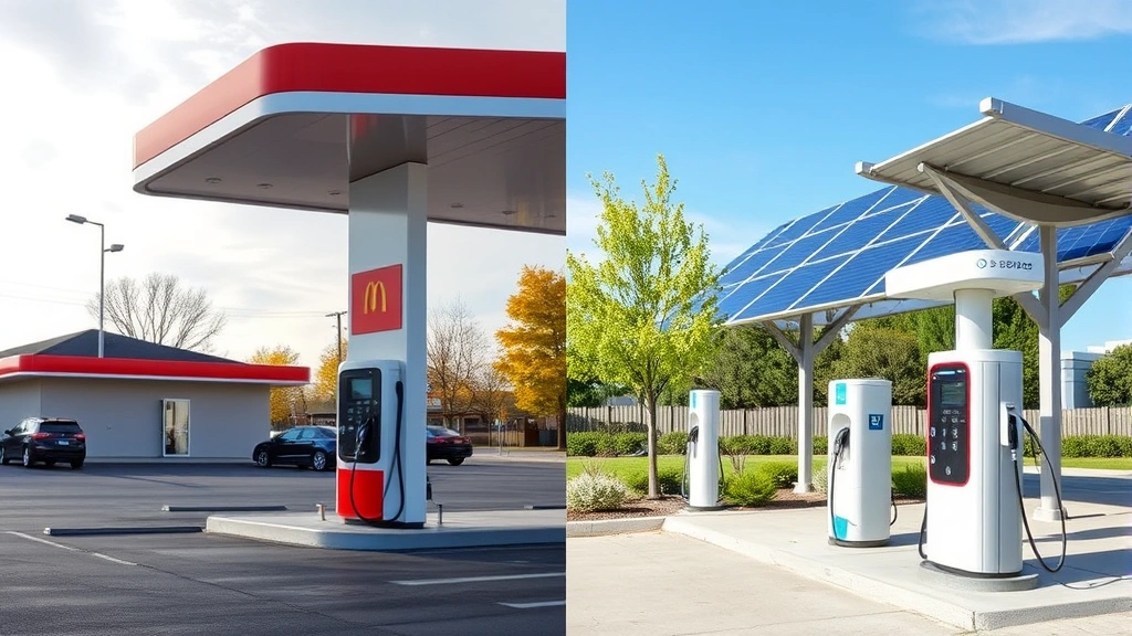 Comparison split-screen: traditional gas station on left, solar-powered EV charging station on right, environmental sustainability contrast