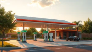 Photorealistic image of a modern gas station with solar panels on the canopy, electric vehicle charging stations prominently displayed, lush green landscaping, and sustainable architecture design, shot during golden hour with natural lighting, no text or signage visible
