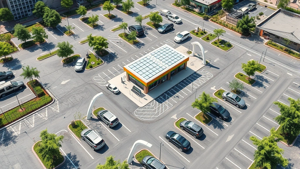 Aerial view of a sprawling convenience store parking lot with multiple electric vehicles charging, renewable energy infrastructure visible, green spaces integrated throughout, sustainable urban planning example, bright daylight, photorealistic rendering without any visible labels