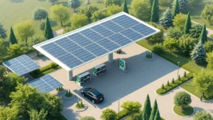 Photorealistic aerial view of eco-friendly gas station with solar panels and electric vehicle charging stations surrounded by green landscaping and trees, sustainable energy infrastructure, no text or signage visible