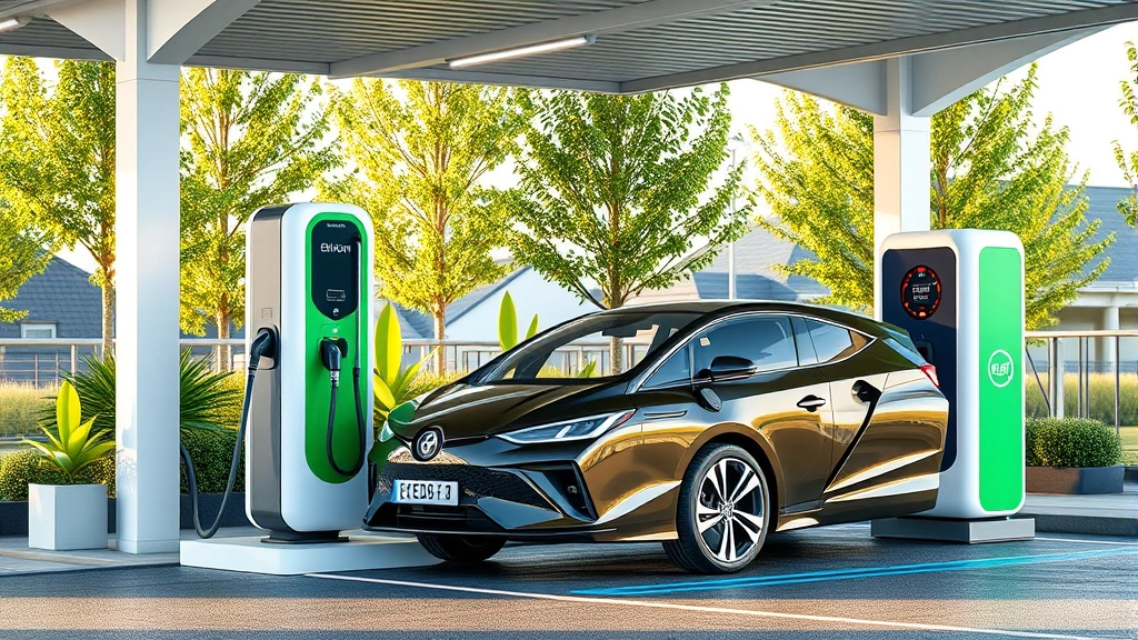 Photorealistic image of electric vehicle charging at modern station with renewable energy symbols, clean energy infrastructure, natural lighting, no labels or text on equipment