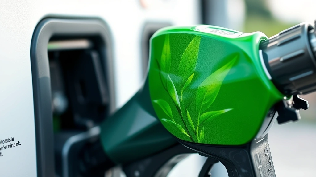 Photorealistic close-up of biodiesel pump nozzle dispensing sustainable fuel with green plant imagery subtly reflected, environmental consciousness concept, no visible text or numbers on pump