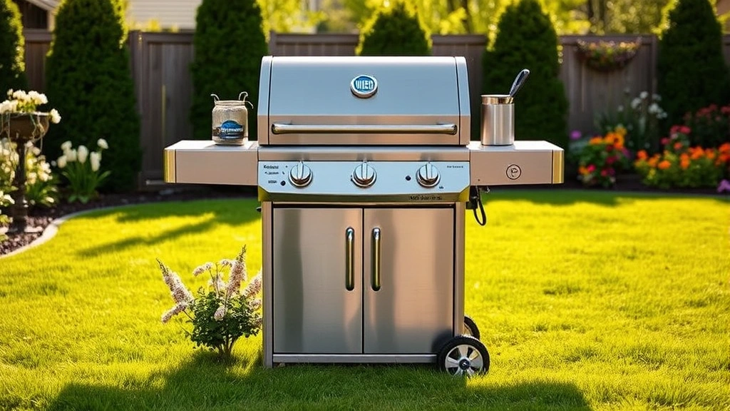 Modern stainless steel Weber natural gas grill in a suburban backyard with lush green grass and flowering plants surrounding it, mid-morning sunlight, professional product photography style, no people visible