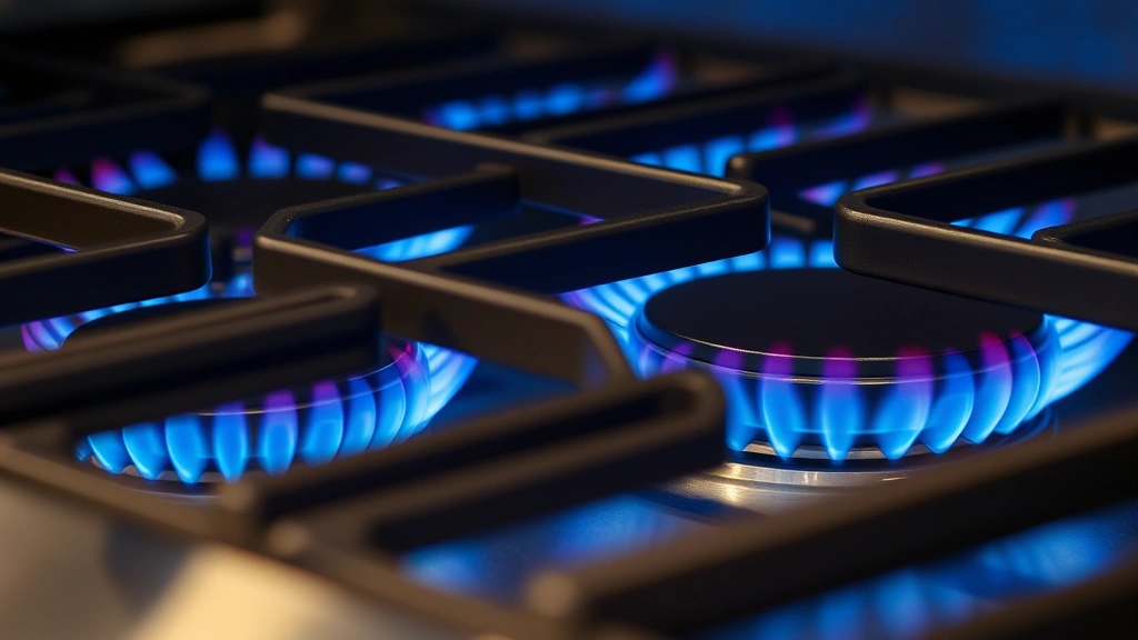 Close-up of natural gas grill burners with blue flames burning efficiently, showing precise flame control and combustion quality, detailed mechanical components, professional lighting